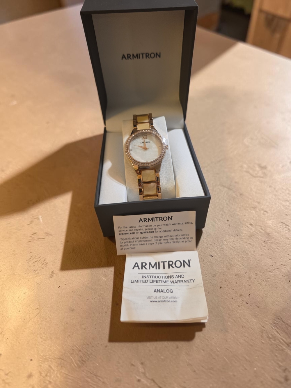 Armitron Watch Womens 30mm Gold Tone Mop Dial Enamel Bracelet New Battery 7”